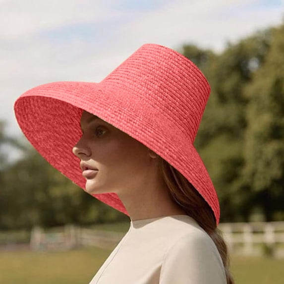 HNMKIU Sun Protective Wide Brim Straw Hat with Secure Lanyard for Women Summer Beach Outdoor Activities Red,One Size