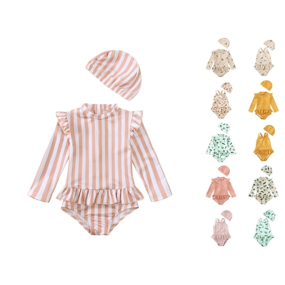 HNMKIU Swimming Suit For Girls Toddler Kids Girl Swimsuit Floral Long Sleeve One Piece Bathing Suit Hooded With Hat Light Pink-A,5-6 Years