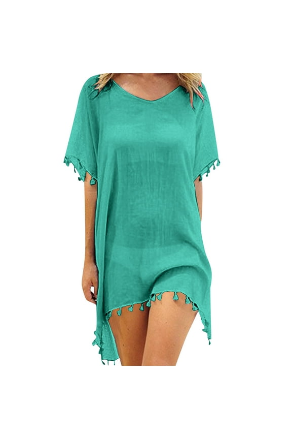 Swimsuit Coverup for Women Solid Casual Loose Beach Bikini Cover Up Tops Short Sleeve Crewneck Tassel Chiffon Sunscreen Shirt Bathing Suit Cover Up Z01_GN3,One Size