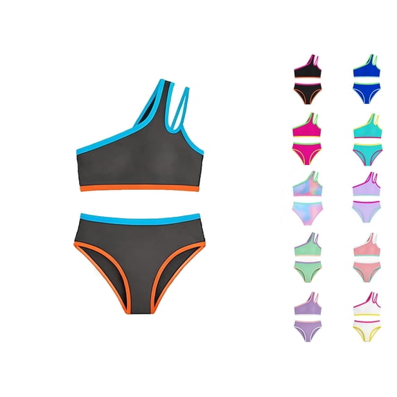 HNMKIU Swimsuits For Girls Two Piece One Shoulder Bathing With Chest Pad Color Block Bikini For Girls 7–16 Years Dark Gray-B,15-16 Years