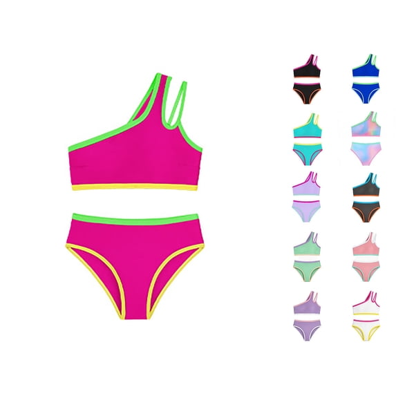 HNMKIU Swimsuits For Girls Two Piece One Shoulder Bathing With Chest Pad Color Block Bikini For Girls 7–16 Years Hot Pink-A,13-14 Years
