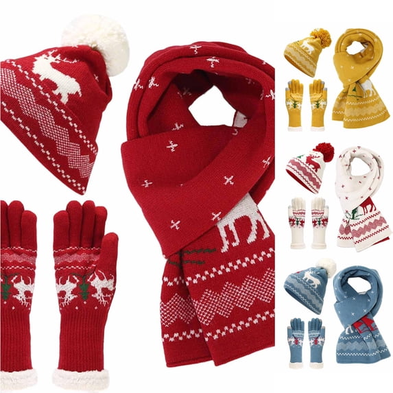 HNMKIU Three Piece Cold Proof Knitted Hat Scarf Set With European Autumn Winter Warm Accessory For Daily Casual Wear Red - One Size