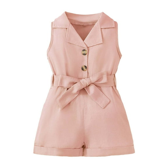 HNMKIU Toddler Baby Girls Jumpsuit Classic Lapel Belted Summer Romper Overall Shorts Bodysuit for Pink,12-18 Months