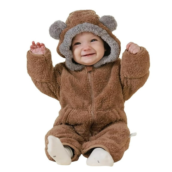 HNMKIU Toddler Baby Hooded Long Sleeve Jumpsuit Soft Warm Romper Pajamas with Cute Bear Ears for Winter Z02_Brownï¼3-6 Months