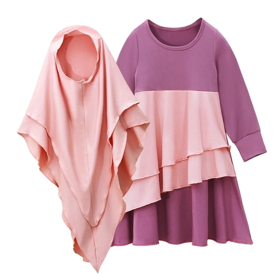 HNMKIU Toddler Dress Color Block Abaya with Hijab Two-Piece Set Full Length Maxi Robe Long Sleeve Spring Fall Girls Dresses Z03_Purple,130