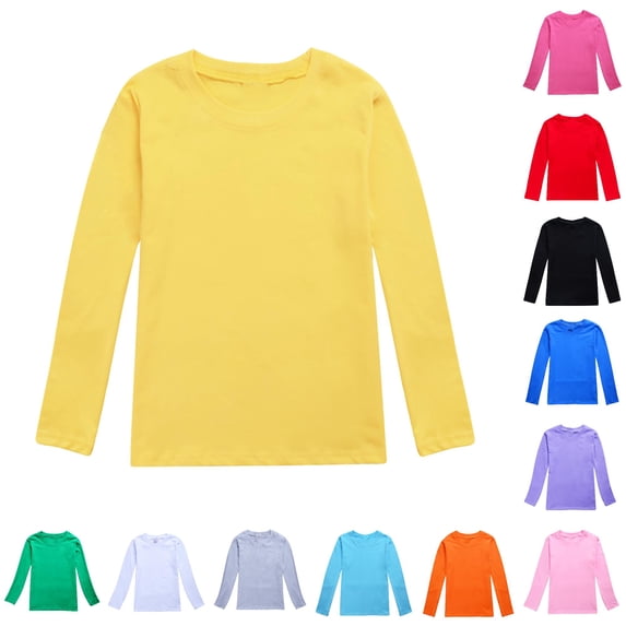 HNMKIU Toddler Girls Autumn Long Sleeve T Shirt Solid Color Crew Neck Top Casual Soft Fall Clothes For Kids Yellow,10-11 Years