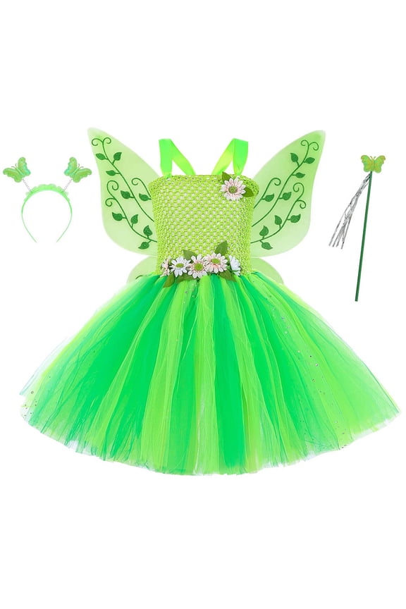 Toddler Girls Fairy Dress Set with Detachable and Wand Headband for Dance Party Outfits Green,3-4 Years