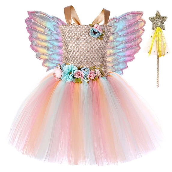 HNMKIU Toddler Girls Fairy Dress Set with Detachable and Wand Headband for Dance Party Outfits Khaki,2-3 Years