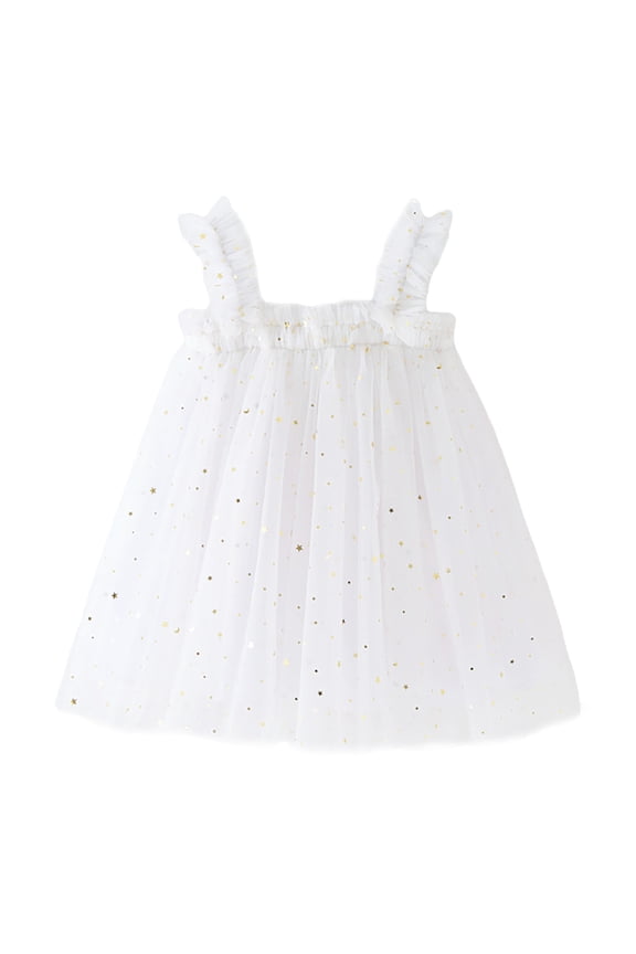 Toddler Girls Holiday Party Dress Sleeveless with Celestial Star Moon Design for Dance Celebration White,3-4 Years