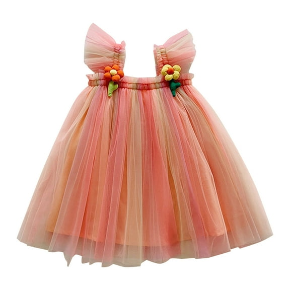 HNMKIU Toddler Girls Holiday Party Dress with Fly Sleeves Floral Dance Outfit for Orange,1-2 Years