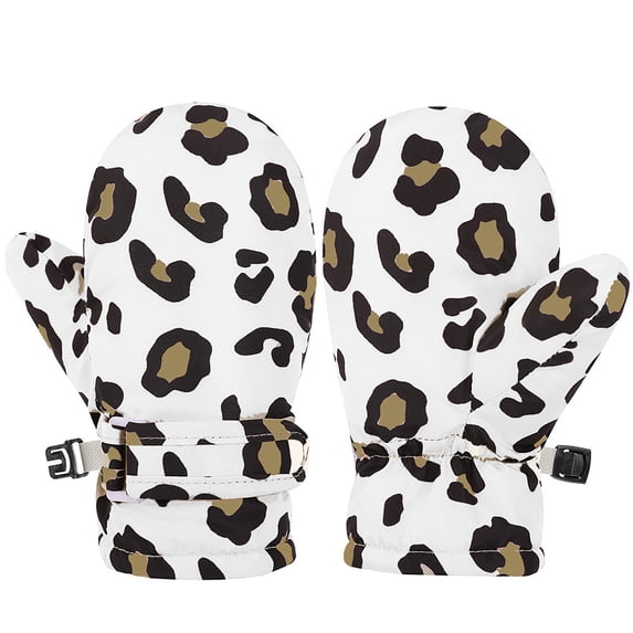 HNMKIU Toddler Winter Skiing Mittens with Playful Leopard Print Design for Outdoor Play and Cold Weather White,2-4 Years