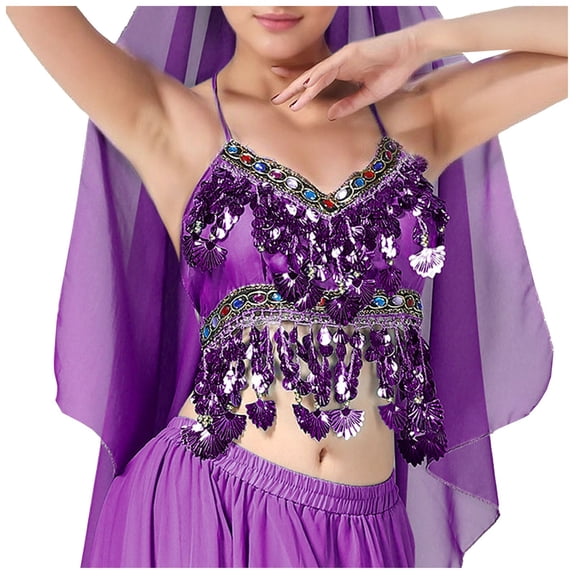 HNMKIU Tube Tops Women's Sequin Fringe Dance Wear Glitter Tube Bra for Stage Show Purple,One Size