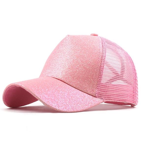 HNMKIU Unisex Glitter Trucker Baseball Cap with Ponytail Hole for Messy Buns and Adjustable Visor Pink,One Size
