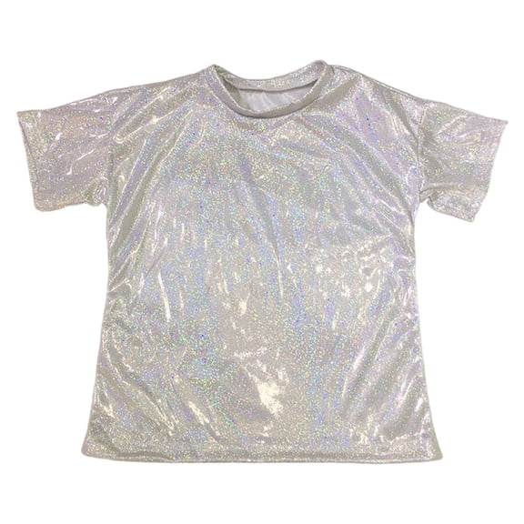 HNMKIU Unisex Metallic Dance Shirt Featuring Allover Sequins And Reflective Print Loose Fit Short Sleeve Top For Teen Performance Stage And Casual Streetwear Fashion Silver,13-14 Years