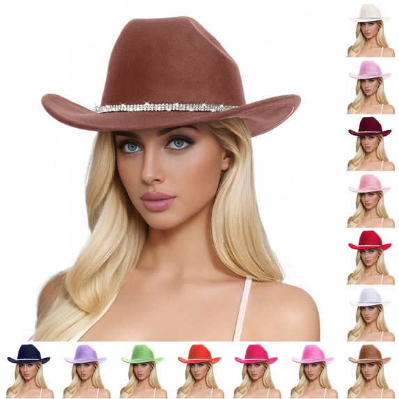 HNMKIU Unisex Woolen Western Cowboy Top Hat Featuring Rhinestone Embellishments For Men And Women Khaki,One Size