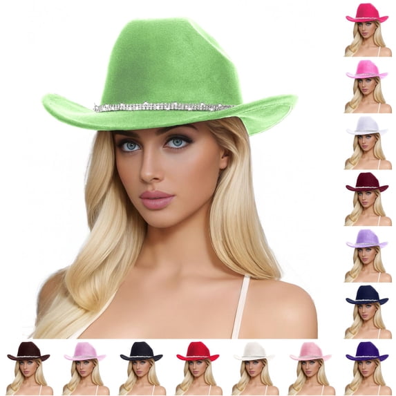 HNMKIU Unisex Woolen Western Cowboy Top Hat Featuring Rhinestone Embellishments For Men And Women Light Green,One Size