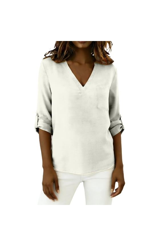 V Neck T Shirts for Women Loose Fit Split Sleeve with Strap Detail Comfortable 3/4 Sleeve Tunic Style Casual Tops for Women White,M