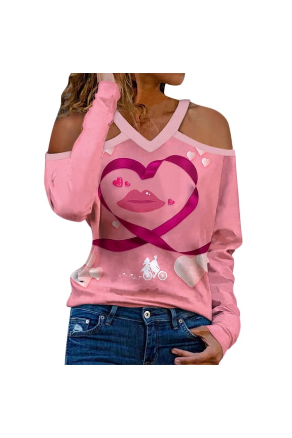 Valentine's Day Strapless V-Neck Long Sleeve Top for Women Printed Blouse Shirt Pink,M
