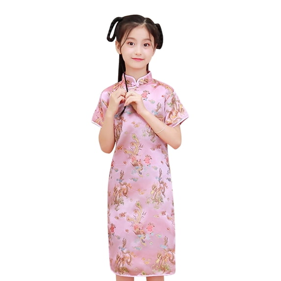 HNMKIU Vintage Floral Chinese Dress Qipao Cheongsam For Toddler Girls Birthday Party And Festive Outfit Short Sleeve Design Pink,6-7 Years