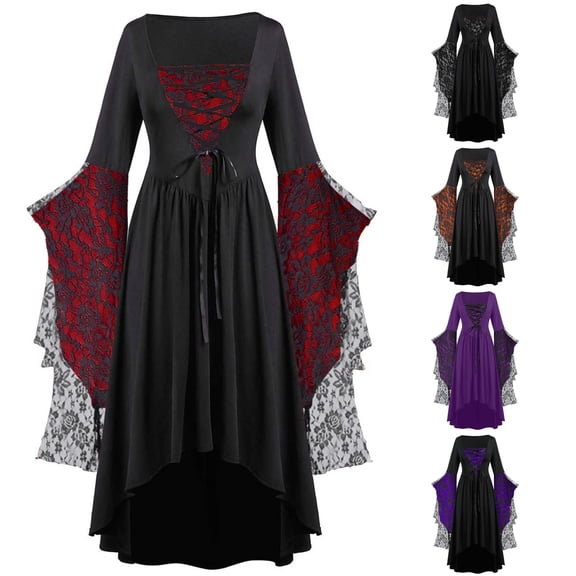 HNMKIU Vintage Renaissance Dress for Women Square Front Lace Up Tiered Flared Sleeve Red Black Lace Spliced Irregular Long Gown Gothic Evening Outfit