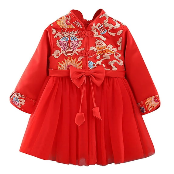 HNMKIU Warm Lined Chinese Hanfu Dress For Toddler Girls Embroidery Tang Suit New Year Performance Red,18-24 Months