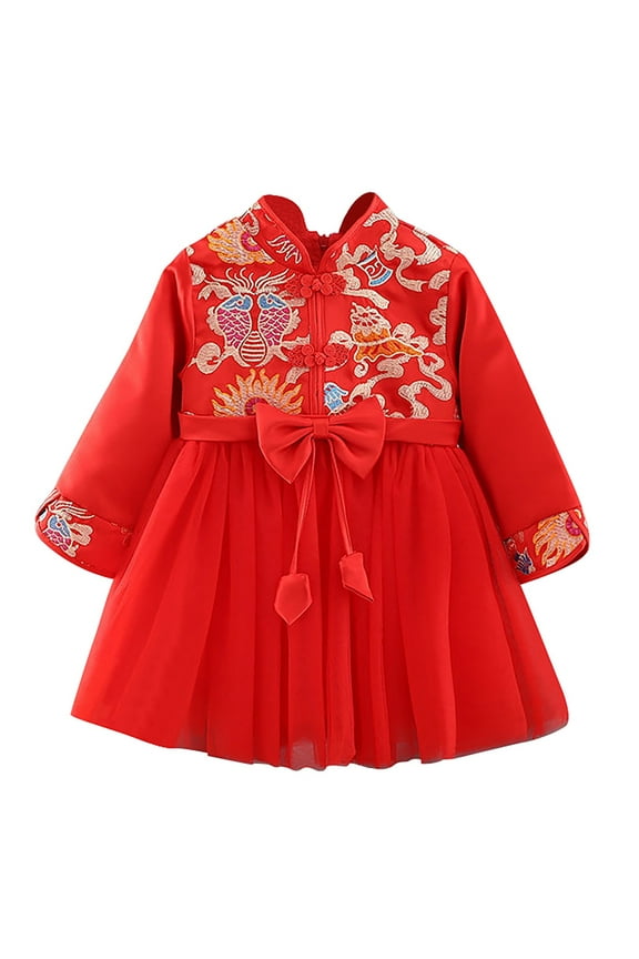 Warm Lined Chinese Hanfu Dress For Toddler Girls Embroidery Tang Suit New Year Performance Red,2-3 Years