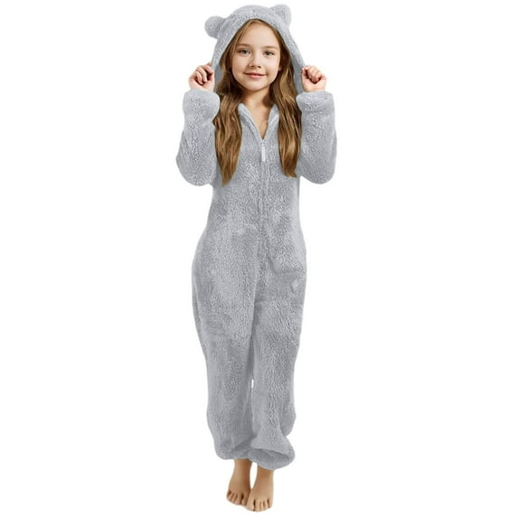HNMKIU Warm Hooded Pajama with Ears Soft Winter Sleepwear Cozy Playwear Loungewear Girls Jumpsuit for Kids Z11061-Light Gray,7-8 Years
