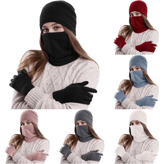 HNMKIU Warm Winter Knitted Wool Plus Velvet Padded Hats And Scarves Black - One Size