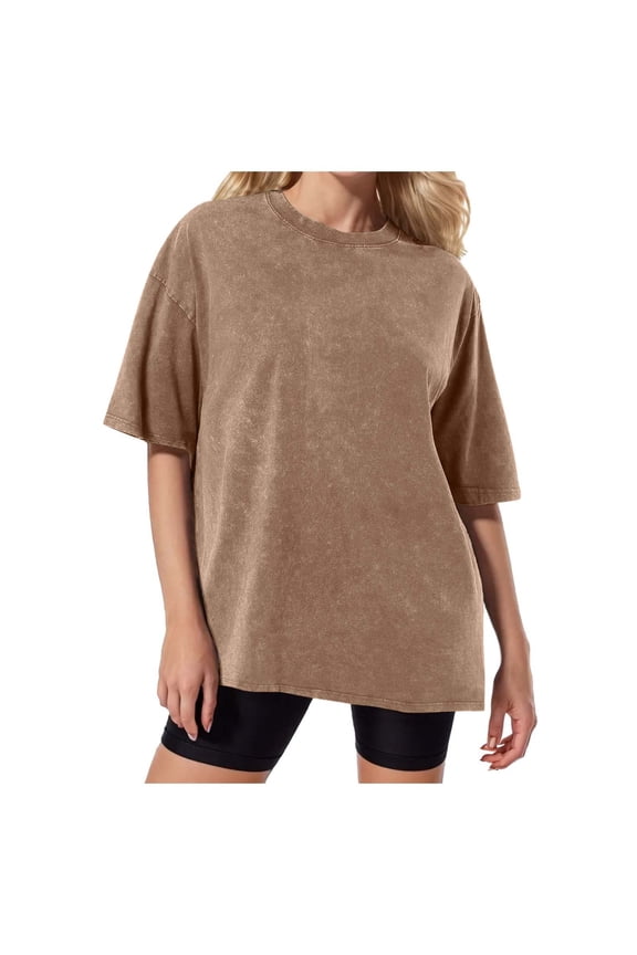 Washed Distressed Oversized Short Sleeve T Shirts for Women Batik Print Blouses for Women Casual Unisex Loose Tee Green,S