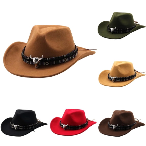 HNMKIU Western Cowboy Style Hat Jazz Bowler Cow Head Decoration Ethnic Accessory Brown,M