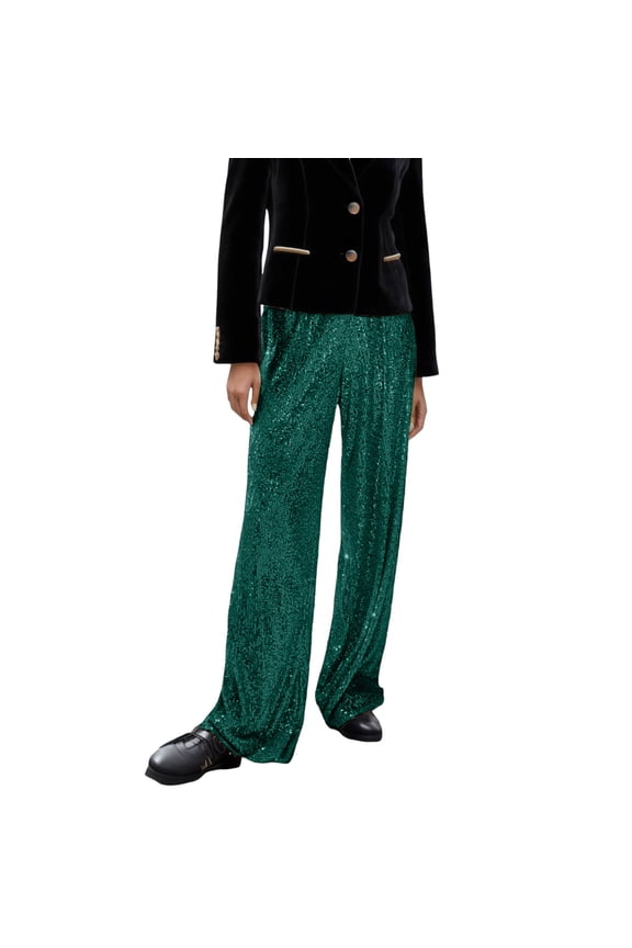 Wide Leg Pants Plus Size Women‘S Sequin Sparkly Casual Green High Waist Glitter Loose Fit Trousers for Women Green,XXXL