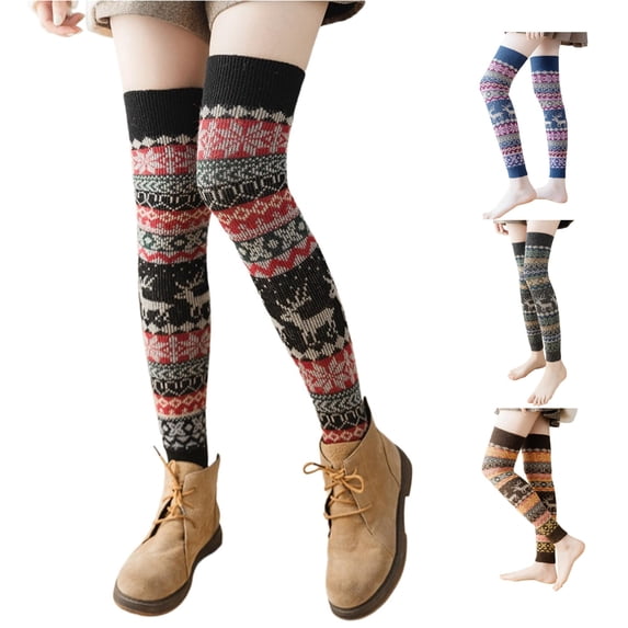 HNMKIU Winter Knitted Bohemian Boot Ankle Socks For Ladies Cozy Thermal Leg Warmers Fashionable Layering Sleeves Black - One Size
