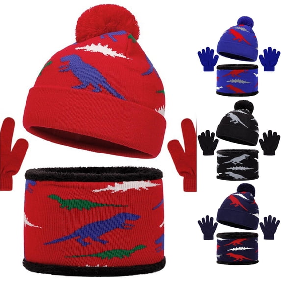 HNMKIU Winter Knitted Scarf Hat Set For Kids Thermal Neck Warmer Touchscreen Mittens Cold Weather Outdoor Red - One Size