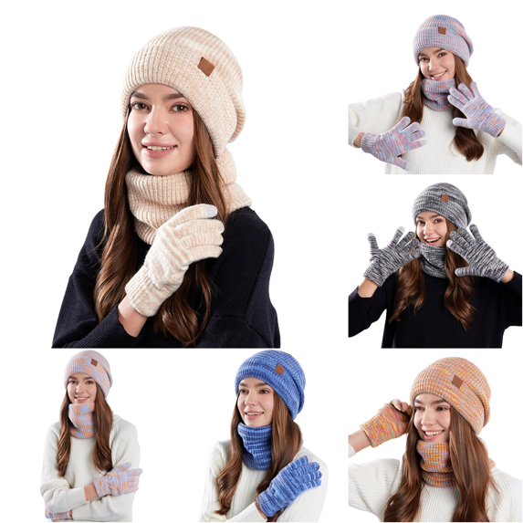 HNMKIU Winter Knitted Scarf Thermal Soft Lined Set Hat For Cold Weather Beige - One Size
