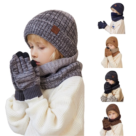 HNMKIU Winter Knitted Woolen Children Hat Scarf Three Piece Set with Ear for Big Kids 4-10 Years Warm Outdoor Accessory Grey - One Size