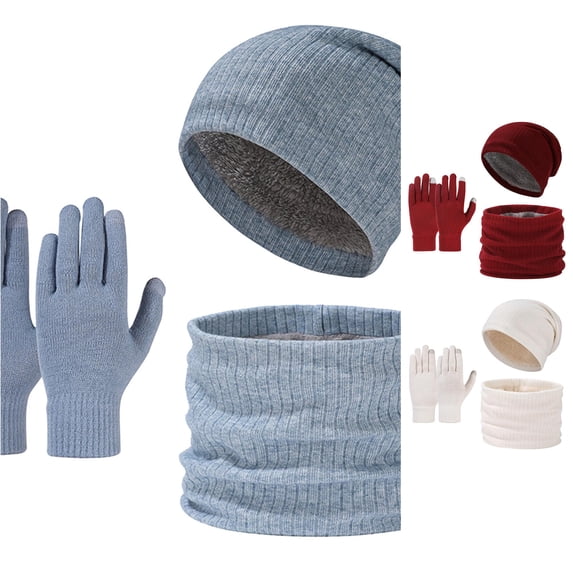 HNMKIU Winter Outdoor Cold Proof Knitted Hat Velvet Ear Scarf Three Piece Set for Men Women Blue - One Size