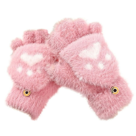 HNMKIU Winter Student Children Half Finger Flip Cartoon Thickened Warm Gloves Mittens For Autumn And Cold Weather Hot Pink,7-18 Years