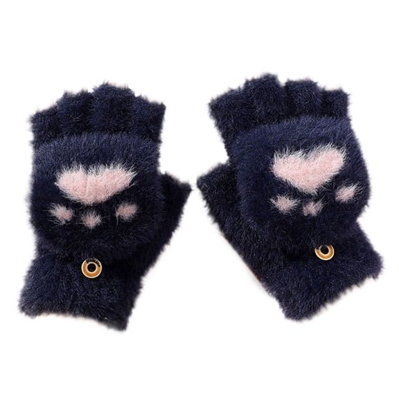 HNMKIU Winter Student Children Half Finger Flip Cartoon Thickened Warm Gloves Mittens For Autumn And Cold Weather Navy,7-18 Years