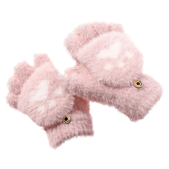 HNMKIU Winter Student Children Half Finger Flip Cartoon Thickened Warm Gloves Mittens For Autumn And Cold Weather Pink,7-18 Years