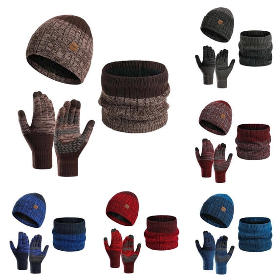 HNMKIU Winter Thermal Scarf Hat Set Outdoor Cold Weather Windproof Lined Thick Knitted Neck Warmer Cap Touchscreen Fingers Khaki - One Size