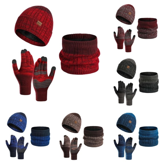 HNMKIU Winter Thermal Scarf Hat Set Outdoor Cold Weather Windproof Lined Thick Knitted Neck Warmer Cap Touchscreen Fingers Red - One Size