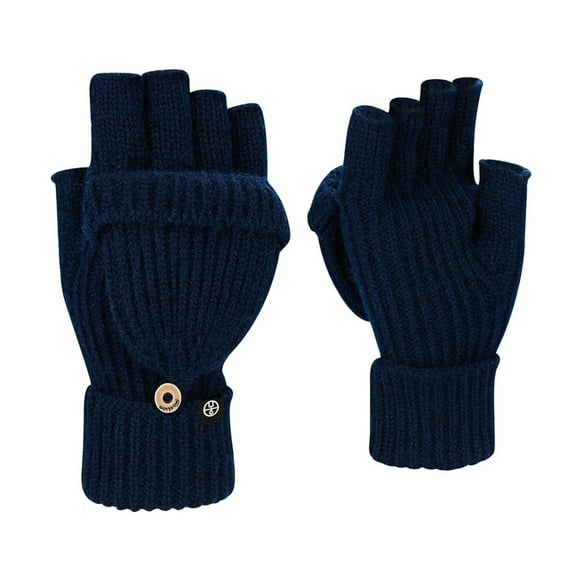 HNMKIU Winter Warm Fingerless Flip Knit Gloves Mittens for Outdoor Walking Cycling Driving Activities Navy,One Size