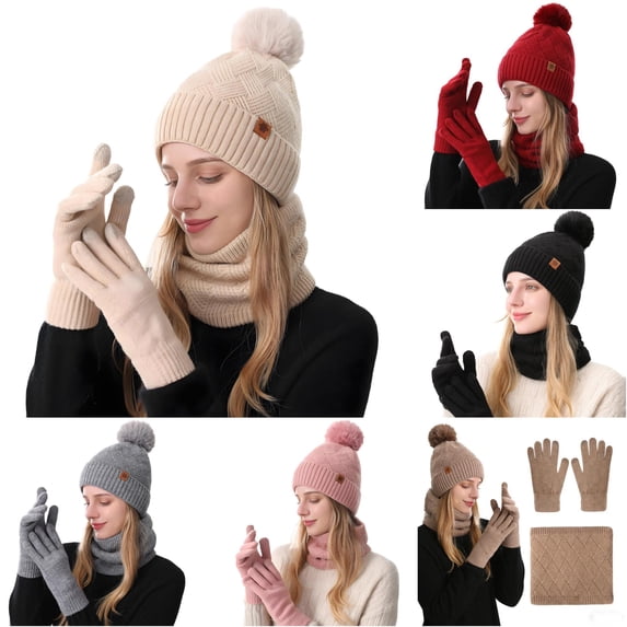 HNMKIU Winter Warm Knitted Scarf Hat Set Thermal Lined Outdoor Riding Ear Cold Weather Beige - One Size