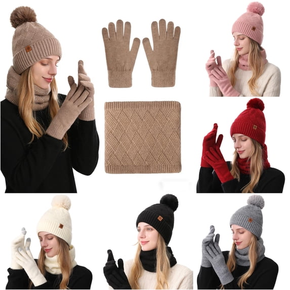 HNMKIU Winter Warm Knitted Scarf Hat Set Thermal Lined Outdoor Riding Ear Cold Weather Khaki - One Size