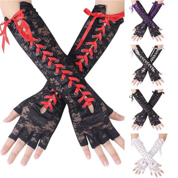 HNMKIU Witch Fingerless Gloves Long Lace Elbow Arm Warmers with Buckle Binding for Halloween Cosplay Party Red - One Size
