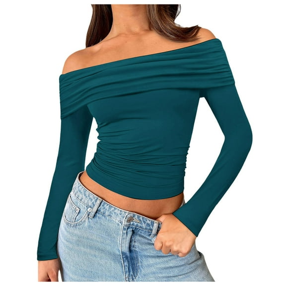 HNMKIU Women 2025 Fashion Clothes Long Sleeve Shirts Off Shoulder Tops Going Out Crop Slim Fitted Fall Outfits Green,L