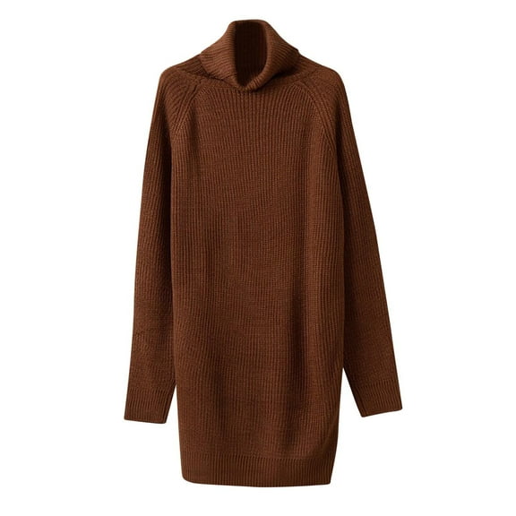 HNMKIU Women Autumn Winter Long Sleeve High Neck Medium Length Knitting Sweater Dress for Ladies Cozy and Brown,L