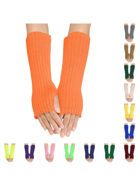Women Autumn Winter Solid Multicolor Wool Knit Long Striped Half Finger Gloves Orange - One Size