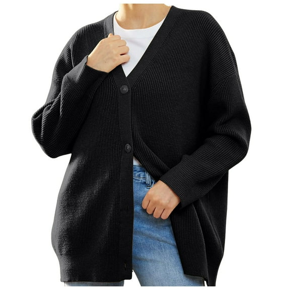 HNMKIU Women Casual Long Sleeve Knitted Open Front Fashion Loose Elegant Warm Oversized Knitted Sweater Cardigan Sweaters for Women Black-A,L