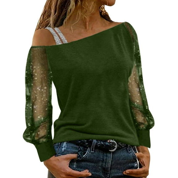 HNMKIU Women Casual Long Sleeve T Shirts for Women Rhinestone Sequin Net Yarn Off Shoulder Strap Top for Party 1-Green,M